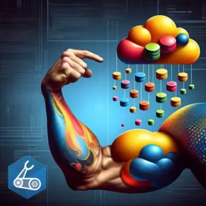 A colorful biceps is displayed with a cloud floating above it. In between is an Azure Blob Storage Account icon. The image is synonymous for Infrastructure as Code created by using Azure Bicep to deploy a Blob Storage Account.